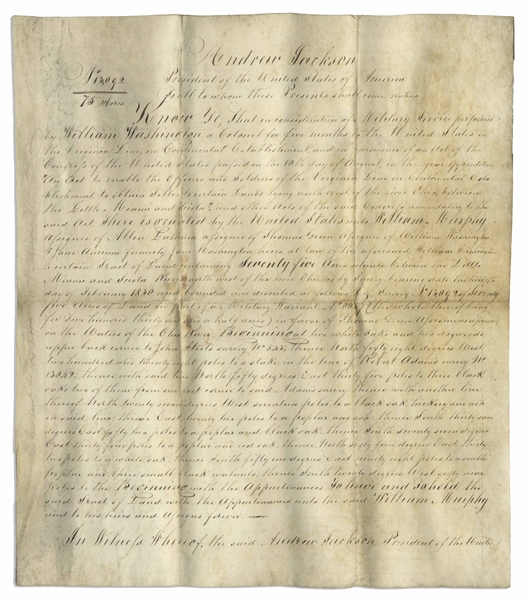 Andrew Jackson Land Grant Signed as President, Awarding Land to a Military Veteran